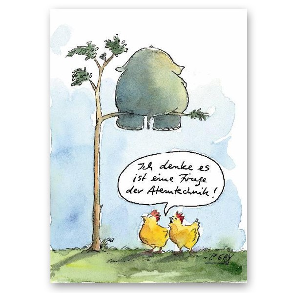 Peter Gaymann, Atemtechnik (Huhn, Hühner, Elefant, Yoga, Karikatur, Cartoon, Comic, witzig, lustig, Treppenhaus, Wohnzimmer, Grafik, bunt)