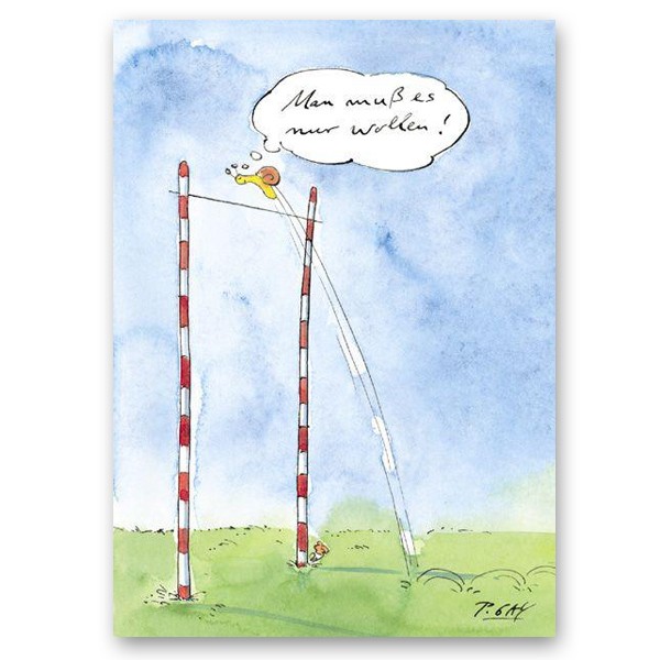 Peter Gaymann, Schnecke - Man muss es nur wollen (Schnecke, Stabhochsprung, Motivation, Inspiration, Mut, Selbstbewusstsein, Karikatur, Cartoon, Comic, witzig, lustig, Treppenhaus, Wohnzimmer, Grafik, bunt)