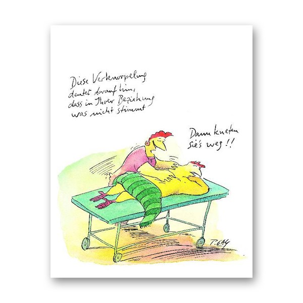 Peter Gaymann, Kneten Sie es weg (Huhn, Hühner, Massage, Beziehung,  Karikatur, Cartoon, Comic, witzig, lustig, Treppenhaus, Wohnzimmer, Grafik, bunt)
