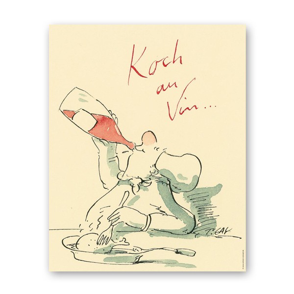 Peter Gaymann, Koch au Vin (Weintrinker, Weinflasche, Rotwein, Koch, Karikatur, Cartoon, Comic, witzig, lustig, Treppenhaus, Wohnzimmer, Grafik, bunt)