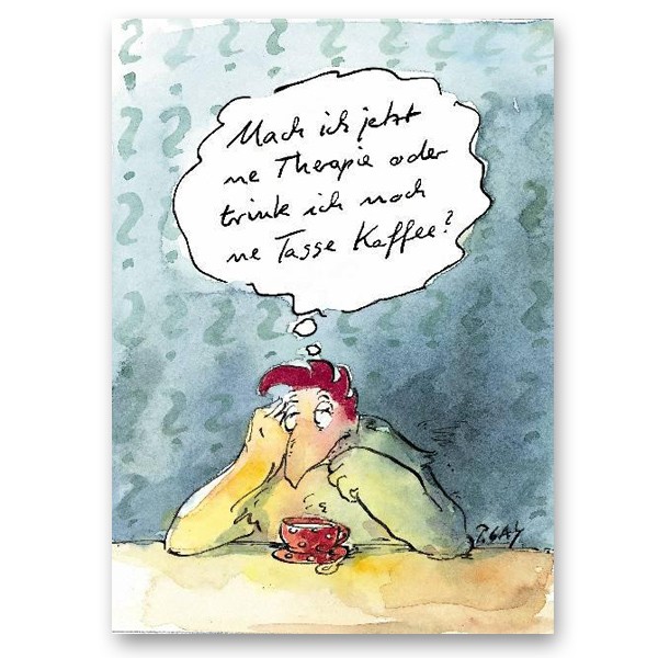 Peter Gaymann, Therapie (Huhn, Henne, Kaffee, Karikatur, Cartoon, Comic, witzig, lustig, Treppenhaus, Wohnzimmer, Grafik, bunt)