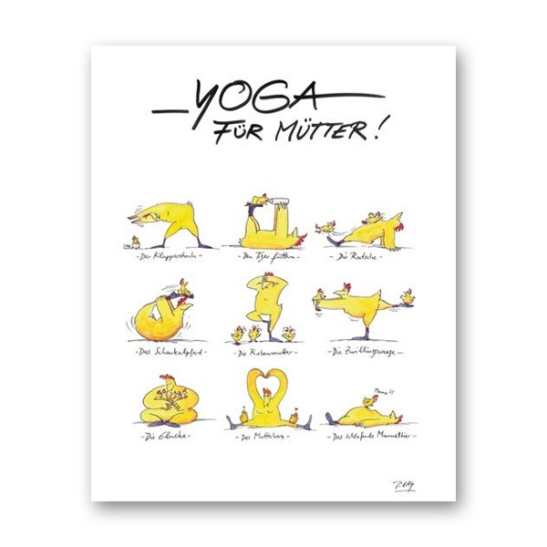 Peter Gaymann, Yoga für Mütter (Sport, Yoga, Hühner, Mütter, Karikatur, Cartoon, Comic, witzig, lustig, Treppenhaus, Wohnzimmer, Grafik, bunt)