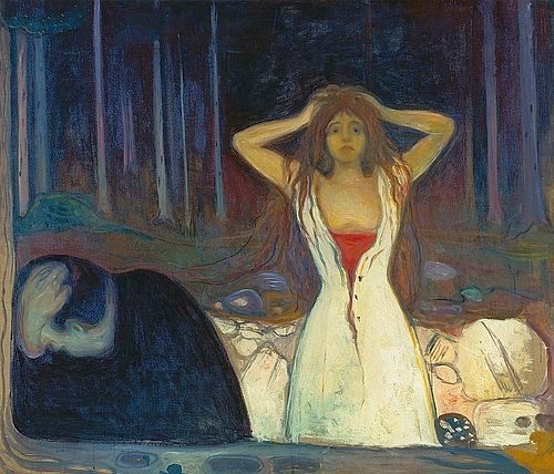 Edvard Munch, Asche. 1894 (Munch,Edvard,1863-1944,Oslo,Nasjonalgalleriet,19. Jahrhundert,Expressionismus,Munch, Edvard Munch,19. Jahrhundert,Mann,Frau,Paar,erhobene Arme,Haare raufen,Wald,Verzweiflung,Gefühle,Emotionen,entkleidet,besessen,Trauer,Isolation,Trennung)