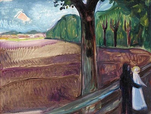 Edvard Munch, Sommernacht (Sommernatt). 1917. (Symbolismus,Expressionismus,20. Jahrhundert,Öl auf Leinwand,Privatbesitz,Munch,Edvard,1863-1944,landschaft,paar,liebespaar,umarmung,spaziergang,spaziergägner,feld,wald,weg,bäume,natur,mann,frau)