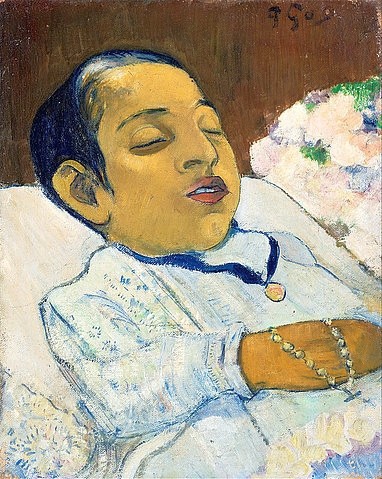 Paul Gauguin, Atiti. 1892 (Gauguin,Paul,1848-1903,Otterlo,Museum Kröller-Müller,Öl auf Leinwand,19. Jahrhundert,Paul Gauguin,Aufbahrung,Leiche,Tod,Rosenkranz,Atiti,Junge,tot,Totenbett,weiß,Ruhe,Abschied)