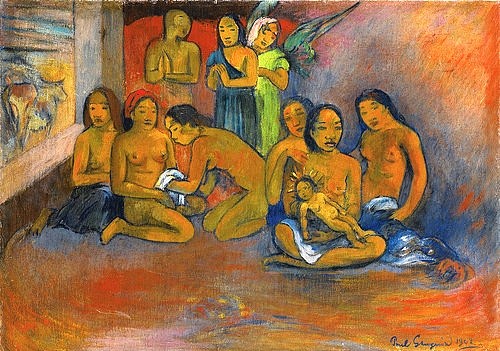 Paul Gauguin, Nativité. 1902 (Gauguin,Paul,1848-1903,Öl auf Leinwand,Privatbesitz,19. Jahrhundert,20. Jahrhundert,Paul Gauguin,nativite,Hiva Oa,Pazifik,Geburt Christi,Christuskind,Verkündigung Maria Erzengel Gabriel,polynesisch,Engel,Frauen,Baby,nackt)