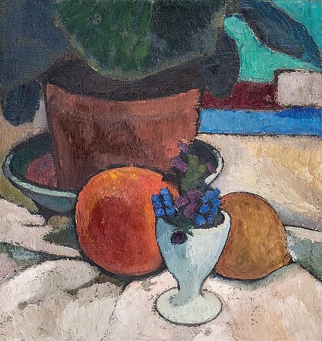 Paula Modersohn-Becker, Stillleben mit Blattpflanze und Eierbecher. Um 1905 (Stillleben,20. Jahrhundert,Leihgabe der Ernst von Siemens Kunststiftung  Inv. Nr.: 1458-2011/2,Öl oder Tempera auf Leinwand,Kunsthalle Bremen,1876-1907,Modersohn-Becker,Paula,Paula Modersohn-Becker,Blumen,Früchte,Blumentopf,Topfpflanze,Eierbecher,Worpswed)