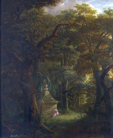 Johann Friedrich Weitsch, Allegorie auf den Tod des A. R. Mengs. 1780/82 (Öl auf Leinwand,18. Jahrhundert,Düsseldorf,Kunstpalast,Dauerleihgabe der Kunstakademie Düsseldorf,Weitsch,Johann Friedrich,1723-1802,Johann Friedrich Weitsch,Allegorie Tod,Mengs, Anton Raphael,Grab,Grabstein,Trauer,Wald,Waldlichtung,Trauernde,Klassizismus)