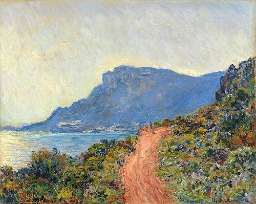 Claude Monet, La Corniche nahe Monaco. 1884 (Monet,Claude,1840-1926,Amsterdam,Rijksmuseum,Öl auf Leinwand,19. Jahrhundert,Impressionismus,Landschaft,französischer,Meer,Claude Monet,La Corniche,Panoramastraße,Berg,Weg,Straße,sonnig,Südfrankreich,Küstenstraße,Küste,Meer,Urlaub)