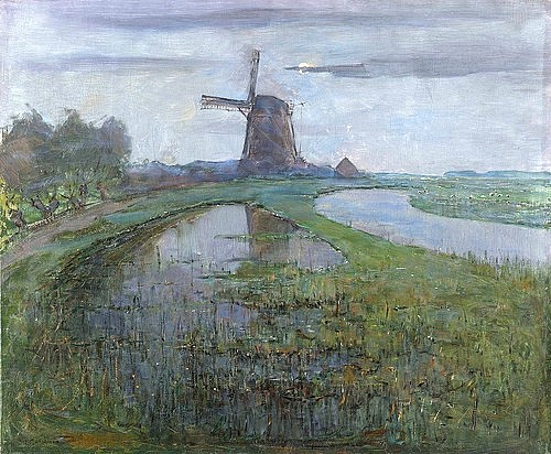 Piet Mondrian, Mühle am Fluss Gein bei Mondlicht. Um 1903 (Amsterdam,Rijksmuseum,Mondrian,Piet,1872-1944,Öl auf Leinwand,20. Jahrhundert,Landschaft,Piet Mondriaan,Mondrian,Wasser,Windmühle,Mühle,Mond,Mondlicht,Abend,Ruhe,friedlich,Sumpf,sumpfig,Niederlande,Holland,Frühwerk,Zwielicht,Dämmerung)