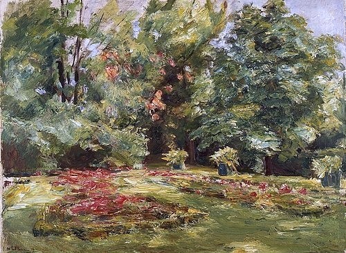 Max Liebermann, Blumenterrasse im Wannseegarten. 1924. (Liebermann,Max,1847-1935,Öl auf Leinwand,20. Jahrhundert,Impressionismus,Landschaft,deutscher,Kunsthalle Bremen,garten,blumen,bäume,sonnig,sonnenschein,sommer,idylle,blumenbeete,blumenbeet)