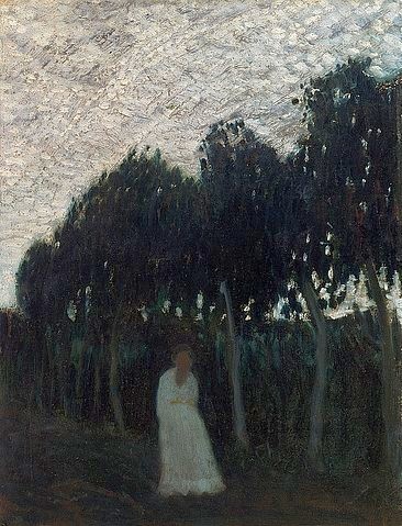 Otto Modersohn, In nächtlichem Garten. (Bäume, Grten, Frau, weißes Kleid, Dunkelheit, Landschaft, Landschaftsmalerei,  Künstlerkolonie Worpswede, Klassische Moderne,   Wohnzimmer, Treppenhaus, Wunschgröße)