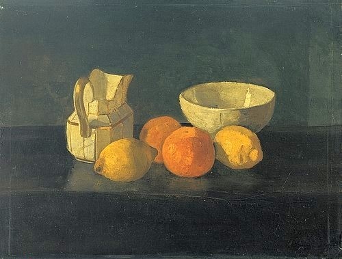 Paula Modersohn-Becker, Stillleben mit Schale und Milchkännchen. Um 1900. (Modersohn-Becker,Paula,1876-1907,Öl auf Holz,19. Jahrhundert,20. Jahrhundert,Stillleben,Obst,Kunsthalle Bremen,Künstlerkolonie Worpswede,obst,früchte,orange,zitrone,orangen,zitronen,kanne,geschirr)
