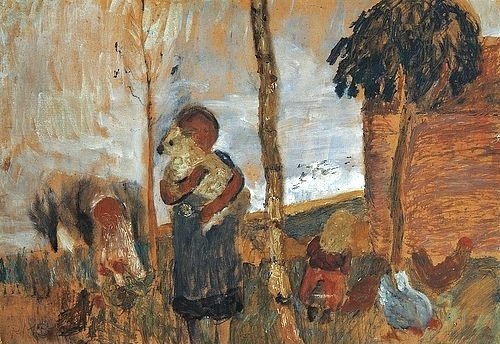 Paula Modersohn-Becker, Kinder und Hühner vor Landschaft. Um 1902. (Modersohn-Becker,Paula,1876-1907,Öl auf Pappe,20. Jahrhundert,Kunsthalle Bremen,Künstlerkolonie Worpswede,bauernhof,ländlich,kind,lamm,hühner,bäume,idylle,norddeutschland,hennen)