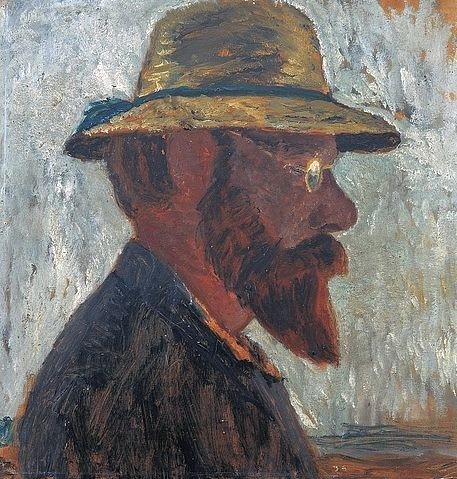 Paula Modersohn-Becker, Otto Modersohn mit Strohhut im Profil nach rechts. Um 1905. (Öl auf Pappe,Künstlerkolonie Worpswede,20. Jahrhundert,Modersohn-Becker,Paula,1876-1907,Kunsthalle Bremen,mann,porträt,profil,bart,hut,brille,künstler,maler,künstlerporträt,deutsch)
