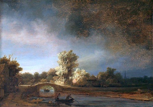 Rembrandt van Rijn, Landschaft mit einer Steinbrücke. Um 1638 (Landschaft,Barock,niederländisch,17. Jahrhundert,Öl auf Holz,Amsterdam,Rijksmuseum,1606-1669,Rembrandt van Rijn,Rembrandt Harmensz. van Rijn,Landschaft,dramatisch,Licht,Sonnenstrahl,Wolken,herannahender Sturm,Wetter,Fluss,Brücke,Baum,erleuchtet)