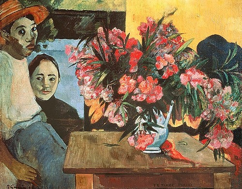 Paul Gauguin, Te tiare Farani (Die Blumen Frankreichs). 1891 (Gauguin,Paul,1848-1903,Moskau,Puschkin-Museum,Öl auf Leinwand,19. Jahrhundert,Blumenstillleben,Gauguin, Paul 1848-1903,Blumenstrauß,Blumen,Mann,Frau,Paar,Tisch,Holztisch,Heimweh,Frankreich)