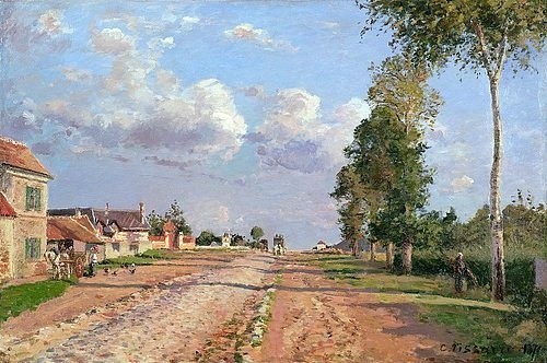 Camille Pissarro, Route de Versailles, Rocquencourt. 1871. (Pissarro,Camille,1830-1903,Amsterdam,Van Gogh - Museum,Öl auf Leinwand,19. Jahrhundert,Impressionismus,Landschaft,französischer,straße,weg,sonnig,sommer,dorf,frankreich,französisch,häuser,bäume,idylle,blauer himmel,sonnenschein)