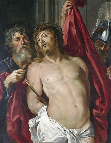 Peter Paul Rubens, Ecce homo. 1800-57 (Rubens,Peter Paul,Amsterdam,Rijksmuseum,Öl auf Holz,19. Jahrhundert,Christliche Kunst,Neues Testament,Kopie nach,Peter Paul Rubens Kopie nach,Jesus Christus vor Pilatus,Pontius Pilatus,Passion,Dornenkrone,Striemen,Lendentuch,skeptisch,zurückweichen)