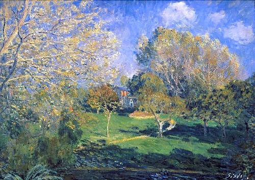 Alfred Sisley, Der Garten von Monsieur Hoschedé in Montgeron. 1881 (Landschaft, Landschaftsmalerei, Sommer, Garten, Park, Parkweg, Frankreich, Idylle, Wohnzimmer, Treppenhaus, Impressionismus, Klassische Moderne, Malerei, Wunschgröße, bunt)