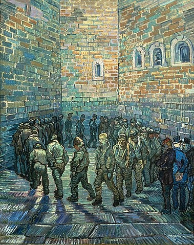 Vincent van Gogh, Rundgang im Gefängnishof. 1890 (Gogh,Vincent van,1853-1890,Moskau,Puschkin-Museum,Öl auf Leinwand,Gogh,van Gogh,Vincent van Gogh,19. Jahrhundert,Justiz,Kriminalität,Mauer,Gefängnis,Haft,Häftlinge,Häftling,Rundgang,Freigang,Monotonie,monoton,Kreis,Gefängnisinsasse,Aufseher,inhaftiert,nac)