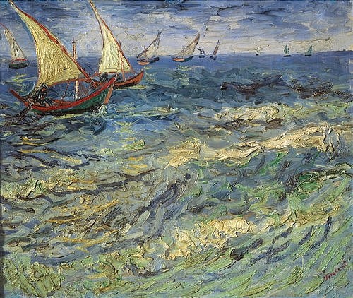 Vincent van Gogh, Fischerboote auf dem Meer bei Saintes-Maries. 1888 (Gogh,Vincent van,1853-1890,Moskau,Puschkin-Museum,Öl auf Leinwand,Gogh, Vincent van Gogh,19. Jahrhundert,Post-Impressionismus,Seestück,Boot,Schiffe,Boote,Segelboot,Wellen,Fischer,Meer,segeln,blau,Wellengang,Wasser,Seegang,maritim)