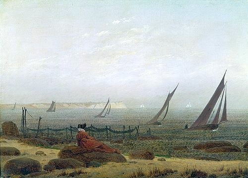 Caspar David Friedrich, Frau am Meer. Um 1818 (Winterthur,Sammlung Oskar Reinhart,Friedrich,Caspar David,1774-1840,Öl auf Leinwand,19. Jahrhundert,Romantik,deutsche,Friedrich, Caspar David,Boot,Boote,Segelschiffe,Frau,Rückenfigur,Fischernetze,Küste,Frau,Rügen,Segelschiff,Strand,Rügen,liegen)