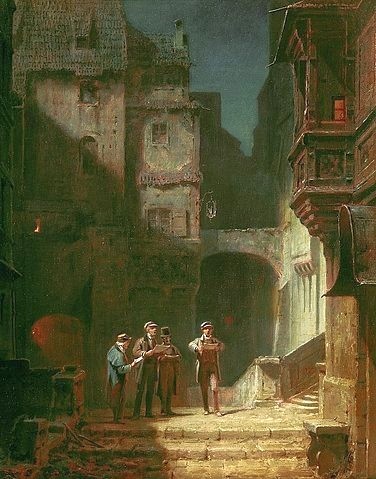 Carl Spitzweg, Ständchen. (Privatbesitz,Öl auf Leinwand,Genre,Biedermeier,19. Jahrhundert,Spitzweg,Carl,1808-1885,Spitzweg, Carl,Abend,Altstadt,deutsch,Gasse,Gesang,Ständchen bringen,Männer,singen,Kleinstadt,Quartett,Straßenscene,Straßenszene)