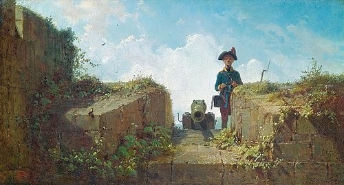 Carl Spitzweg, Der strickende Vorposten. Um 1860 (Biedermeier,19. Jahrhundert,Öl auf Leinwand,Privatbesitz,Spitzweg,Carl,1808-1885,Spitzweg, Carl,Wache,Wachposten,Bajonett,Kanone,Kanonenrohr,Schießscharte,Soldat,Strickzeug,Uniform,stricken,wachen,humorvoll,Vorposten,Militär)