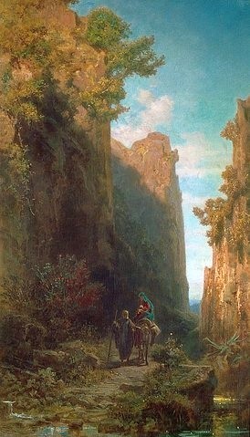 Carl Spitzweg, Die Flucht nach Ägypten. 1875/79 (Christliche Kunst,Öl auf Leinwand,Heidelberg,Kurpfälzisches Museum,Biedermeier,19. Jahrhundert,Spitzweg,Carl,1808-1885,Spitzweg, Carl,Esel,heilige Familie,unterwegs,Maria,Josef,Jesuskind,Felsen,Weg,Stock,biblisch,flüchten)