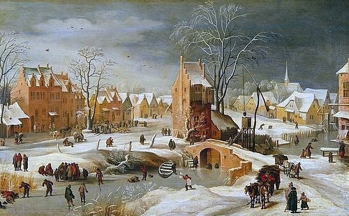 Pieter BRUEGHEL DER Jüngere, Winterlandschaft. Nach 1625 (Öl auf Holz,zugeschrieben,17. Jahrhundert,um 1564-1638,Brueghel d.J.,Pieter,Madrid,Museo del Prado,Brueghel, Pieter der Jüngere,Winter,Brücke,Eis,Eislaufen,Eisläufer,Niederlande,Schnee,Stadt,Pferdefuhrwerk,Kran,Kanal)