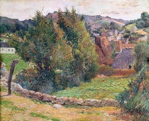 Paul Gauguin, Landschaft bei Pont-Aven. (Post-Impressionismus,Landschaft,Öl auf Leinwand,Privatbesitz Zürich,19. Jahrhundert,Gauguin,Paul,1848-1903,Gauguin, Paul,Bretagne,Dorf,Mauer,Steinmauer,Mäuerchen,Frankreich,Bäume)