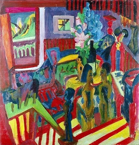 Ernst Ludwig Kirchner, Atelierecke. 1922 (Interieur,Öl auf Leinwand,Berlin,Staatliche Museen zu Berlin,Nationalgalerie,Expressionismus,Die Brücke,20. Jahrhundert,Kirchner,Ernst Ludwig,1880-1938,Kirchner, Ernst Ludwig,Atelier,Skulptur,Skulpturen,Fenster,Geländer,bunt,farbenfroh)