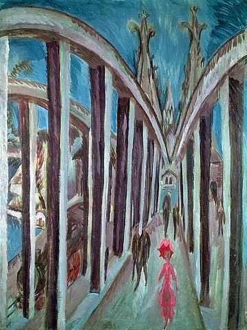 Ernst Ludwig Kirchner, Rheinbrücke bei Köln. 1914 (Berlin,Staatliche Museen zu Berlin,Nationalgalerie,Öl auf Leinwand,Expressionismus,Die Brücke,20. Jahrhundert,Kirchner,Ernst Ludwig,1880-1938,Kirchner, Ernst Ludwig,Köln,Hohenzollernbrücke,Brücke,Architektur,Konstruktion,Fußgänger,Eisenbahnbrücke,Dom,Fußg)