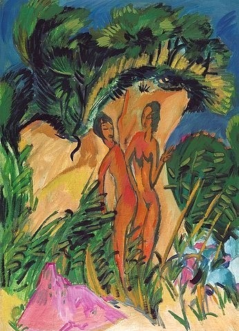 Ernst Ludwig Kirchner, Mädchen auf Fehmarn. 1913 (Öl auf Leinwand,Die Brücke,Expressionismus,20. Jahrhundert,Duisburg,Wilhelm Lehmbruck Museum,1880-1938,Kirchner,Ernst Ludwig,Kirchner, Ernst Ludwig,Frauen,Frau,nackt,Akt,Akte,draußen,baden,Badende,Fehmarn,Düne,Strand)
