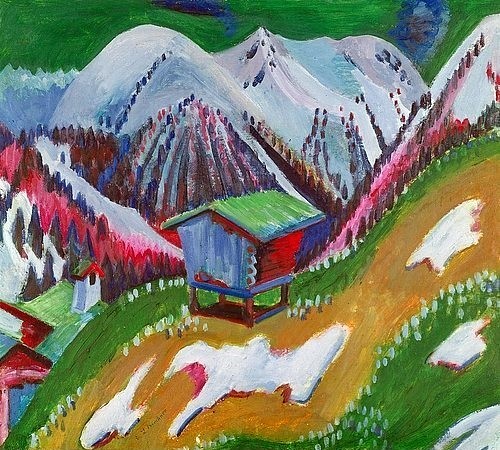 Ernst Ludwig Kirchner, Berglandschaft mit Alphütte. Um 1922 (Landschaft,Berge,Die Brücke,Expressionismus,20. Jahrhundert,Öl auf Leinwand,Zürich,Kunsthaus,1880-1938,Kirchner,Ernst Ludwig,Kirchner, Ernst Ludwig,Alpen,Hütte,Schneeschmelze,Frühling,Alm,Berge,Berghütte,Gebirge,Schnee)