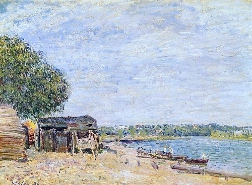 Alfred Sisley, Saint Mammes. 1884 (Landschaft, Landschaftsmalerei, Sommer, sonnig, Fischerboote, Fluss, Frankreich, Idylle, Wohnzimmer, Treppenhaus, Impressionismus, Klassische Moderne, Malerei, Wunschgröße, bunt)