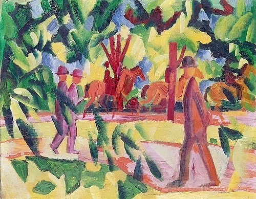 August Macke, Reiter und Spaziergänger in einer Allee. 1914 (Expressionismus,Öl auf Leinwand,Dortmund,Museum am Ostwall,20. Jahrhundert,Macke,August,1887-1914,Macke, August,Blauer Reiter,Park,Reiter,Ausritt,Pferde,Spaziergang,Spaziergänger,Männer,Hüte,Bäume,Allee,Freizeit,draußen)