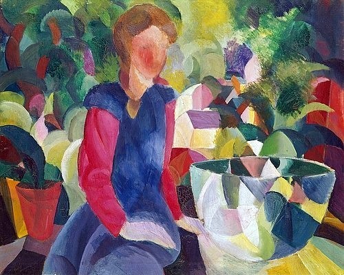 August Macke, Mädchen mit Fischglas. 1914 (Wuppertal,Von-der-Heydt-Museum,Macke,August,1887-1914,Öl auf Leinwand,20. Jahrhundert,Macke, August, Blauer Reiter,Mädchen,Frau,Glasschüssel,Aquarium,Fisch,Haustier,Fischglas,Topfpflanze)