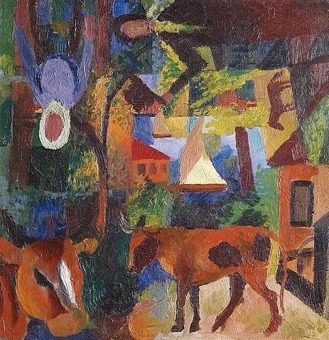 August Macke, Landschaft mit Kühen, Segelboot und Figuren. 1914. (Macke,August,1887-1914,20. Jahrhundert,Expressionismus,St. Louis,Saint Louis Art Museum,Der Blaue Reiter,kuh,kühe,boot,personen,kopfstehend,häuser,weg,straße)
