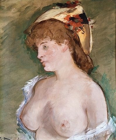 Édouard Manet, La blonde aux seins nus (Die Blonde mit entblößten Brüsten). 1878 (Aktmalerei, Brustbild, Brüste, Erotik, Halbakt, Profil, junge Frau, Impressionismus, Wohnzimmer, Klassiker, Wunschgröße, bunt,)