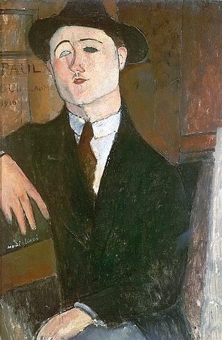 Amadeo Modigliani, Bildnis Paul Guillaume. 1916 (Öl auf Leinwand,Portrait,20. Jahrhundert,Mailand,Civico Museo d' Arte Contemporanea,1884-1920,Modigliani,Amadeo,Modigliani, Amedeo,Paul Guillaume,Mann,Kunsthändler,Hut,Krawatte,schwarz,Anzug)
