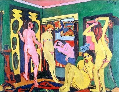Ernst Ludwig Kirchner, Badende im Raum. 1909/10 - Überarbeitung nach 1925 (Interieur,Die Brücke,Expressionismus,20. Jahrhundert,Saarlandmuseum,Saarbrücken,Öl auf Leinwand,1880-1938,Kirchner,Ernst Ludwig,Kirchner, Ernst Ludwig,Frau,Frauen,Nackt,Akte,Körperpflege,Badende,baden)