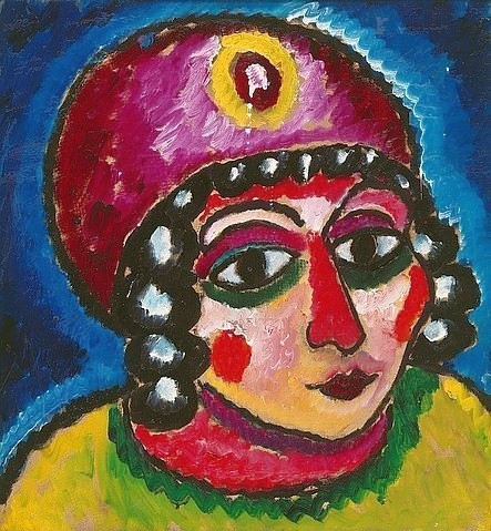 Alexej von Jawlensky, Mädchenkopf mit rotem Turban und gelber Agraffe (Barbarenfürstin). Um 1912 (Expressionismus,Öl auf Hartfaser,Hagen,Karl Ernst Osthaus Museum,Portrait,20. Jahrhundert,Jawlensky,Alexej von,1864-1941,Jawlensky, Alexej von,Brosche,Blauer Reiter,Frau,Mädchen,Frauenkopf,Kopf,Orientalismus,Kopfbedeckung,Turban,Fürstin,Barbarin,Schmuck,f)