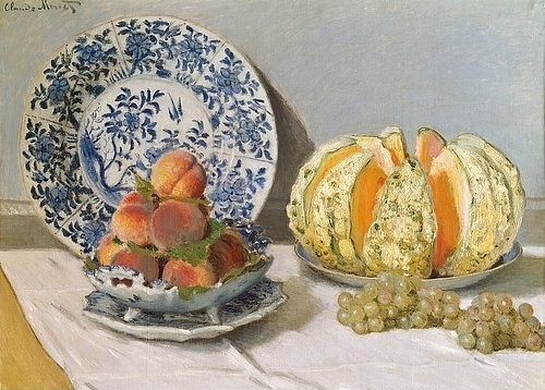 Claude Monet, Stillleben mit Melone. 1872 (Stillleben,Obst,Impressionismus,französischer,19. Jahrhundert,Öl auf Leinwand,Lissabon,Sammlung Gulbenkian,Monet,Claude,1840-1926,Monet, Claude,Porzellan,Porzellanteller,Teller,Melone,Trauben,Weintrauben,Pfirsiche,Obst)