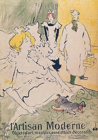 Henri de Toulouse-Lautrec, ""Plakatentwurf für ein Dekorationsgeschäft """"L'Artisan Moderne"""", Paris 1894."""" (Albi,Musée Toulouse-Lautrec,Farblithographie,Plakatkunst,19. Jahrhundert,1864-1901,Toulouse-Lautrec,Henri de,Toulouse-Lautrec, Henri de,Plakat,Poster,belle epoque,im Bett,Dame,Hausherrin,Dienstmädchen,Schoßhund,Handwerker,Jugendstil,Werbung,Werbeplakat)