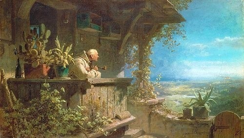 Carl Spitzweg, Es brennt. Um 1860/62 (Spitzweg,Carl,1808-1885,Öl auf Leinwand,Privatbesitz,19. Jahrhundert,Biedermeier,Spitzweg, Carl,Verdächtiger Rauch,Klausner schaut ins Land,Agave,Aussicht,Ausblick,Balkon,Brand,Eremit,Kaktus,Mönch,Pfeife,Raucher,rauchen,Weinflasche,Topfpflanzen,Qualm,Mönc)