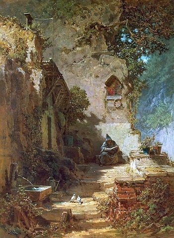 Carl Spitzweg, Der Einsiedler. (Öl auf Leinwand,Prag,National (Narodni) Galerie,Biedermeier,19. Jahrhundert,Spitzweg,Carl,1808-1885,Spitzweg, Carl,Berge,einsam,Brunnen,Klause,Mönch,Einsiedler,Gießkanne,Tauben,lesen,Kutte,Ruhe,Einsiedelei,zurückgezogen)