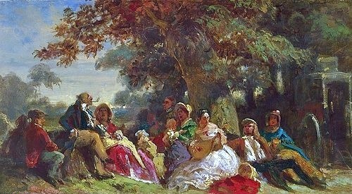 Carl Spitzweg, Schauspielergesellschaft im Freien. (Winterthur,Sammlung Oskar Reinhart,Öl auf Holz,Biedermeier,19. Jahrhundert,Spitzweg,Carl,1808-1885,Spitzweg, Carl,Theatertruppe,Gruppe,Schauspieler,draußen,Musikinstrument,Picknick,Rast,Truppe,Beisammensein,gesellig)