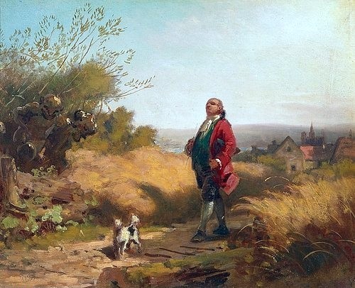 Carl Spitzweg, Der Gutsherr. (Spitzweg,Carl,1808-1885,Wuppertal,Von-der-Heydt-Museum,Öl auf Holz,19. Jahrhundert,Biedermeier,Spitzweg, Carl,Gutsherr,Mann,Besitzer,wohlhabend,Hund,Spaziergang,Justeaucorps,stolz,selbstbewußt,hochnäsig,Feldweg,wohlgenährt)